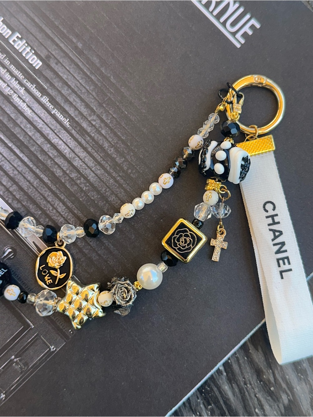Black and Gold Beaded Bag Charm - Designer Inspired - Picture 3 of 8